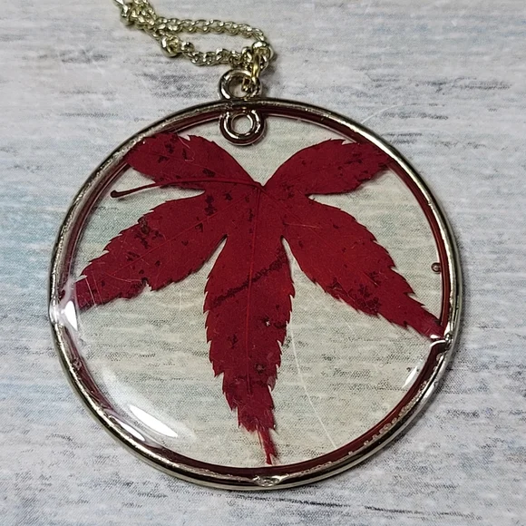 Gold Necklace with Red Leaf Pendant - Picture 2 of 7